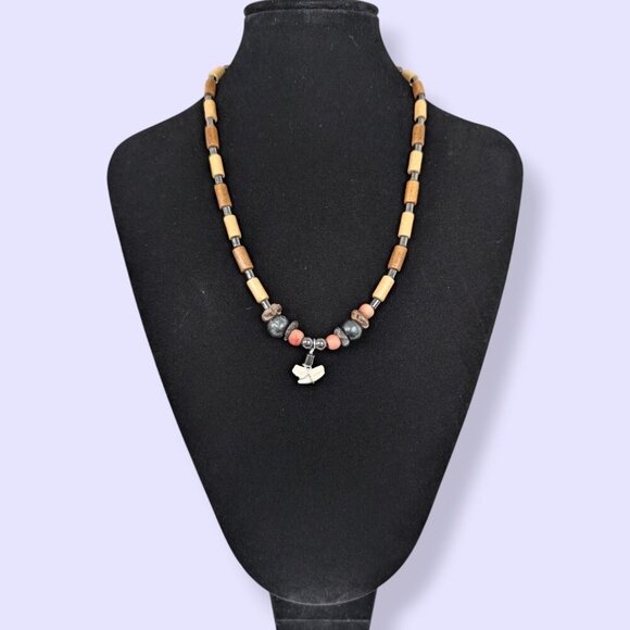 Vintage Wood & Hematite Beaded Shark Tooth Necklace - Picture 2 of 4